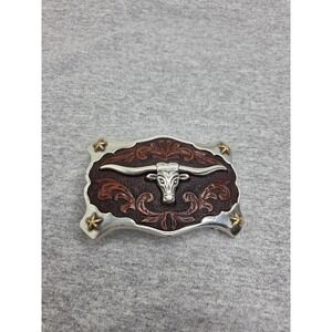 Brown Tooled Leather Longhorn Steer Western Belt Buckle